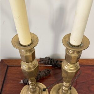 Pair Vintage Brass Baldwin Candlestick Lamp Bases with Harps & Finials